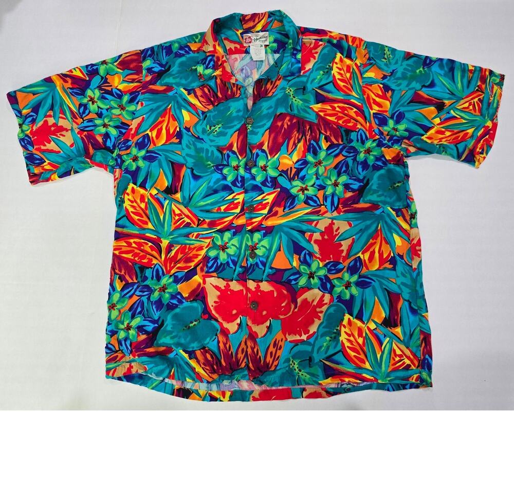 Vintage Hilo Hattie Hawaiian Shirt XL Rayon Tropical Floral Aloha Made Hawaii